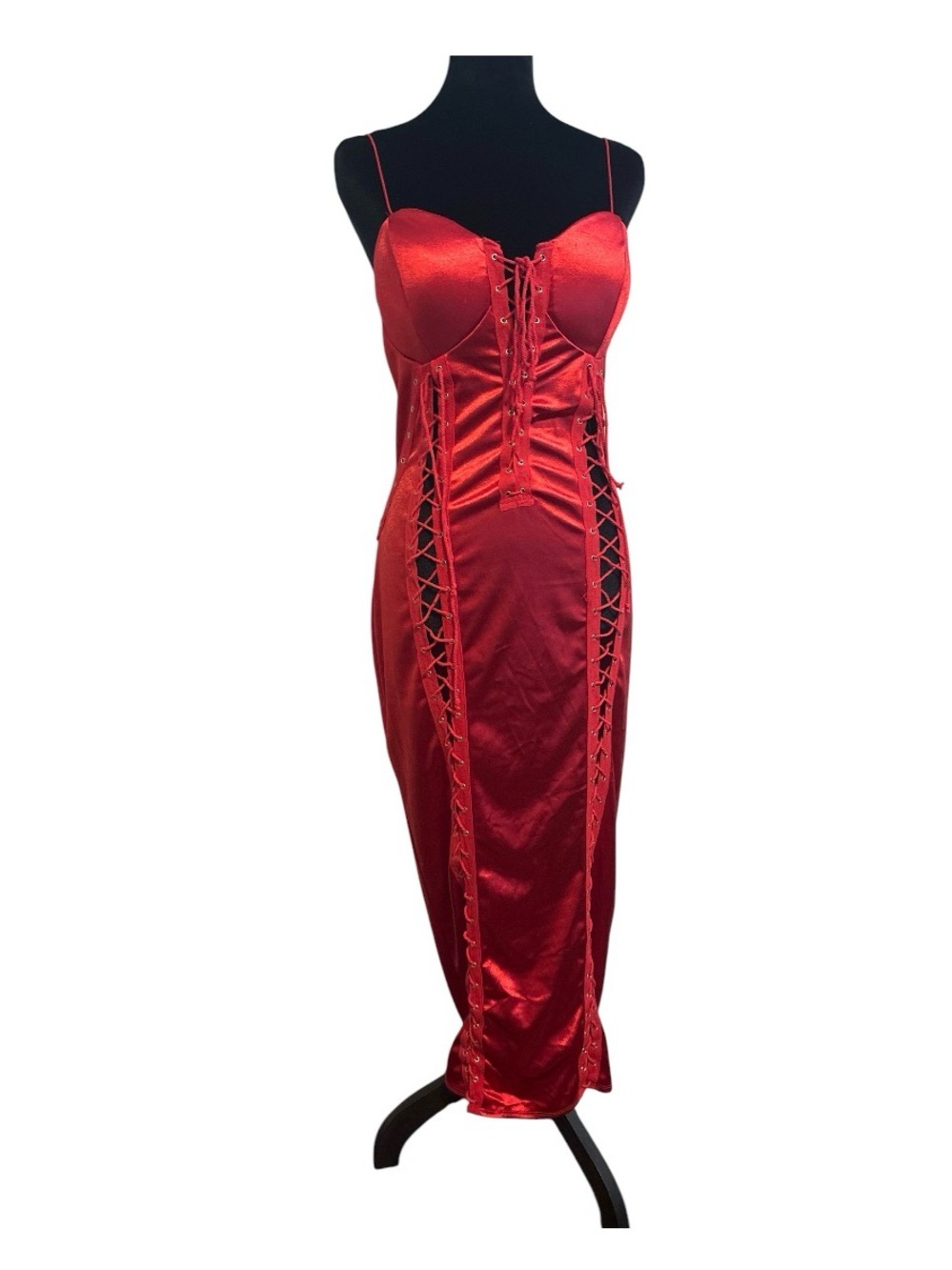 Love Highlight Red Satin Lace-Up Corset Maxi Dress Size L